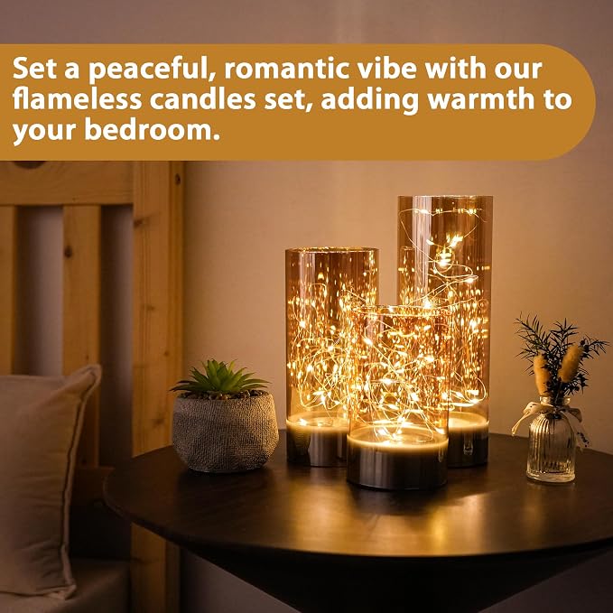 3-Pack Glass Wax Flameless Candles with Fairy Lights