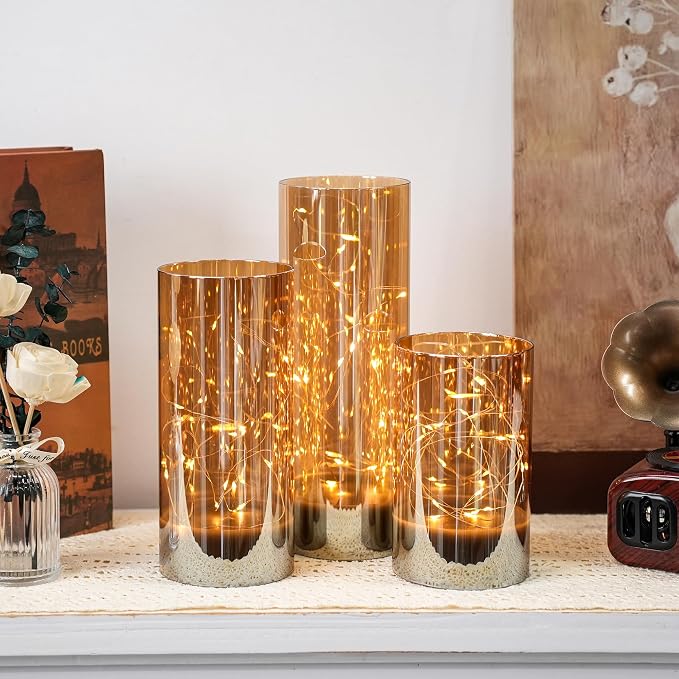 3-Pack Glass Wax Flameless Candles with Fairy Lights