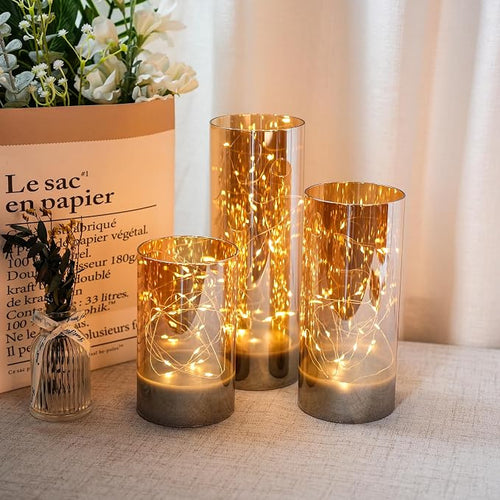 3-Pack Glass Wax Flameless Candles with Fairy Lights
